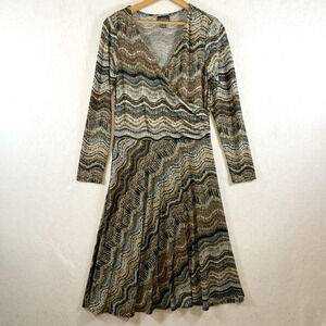 Nomadic Traders Women Faux Wrap Midi Dress Sz S Earthy Boho Stretch Travel Comfy